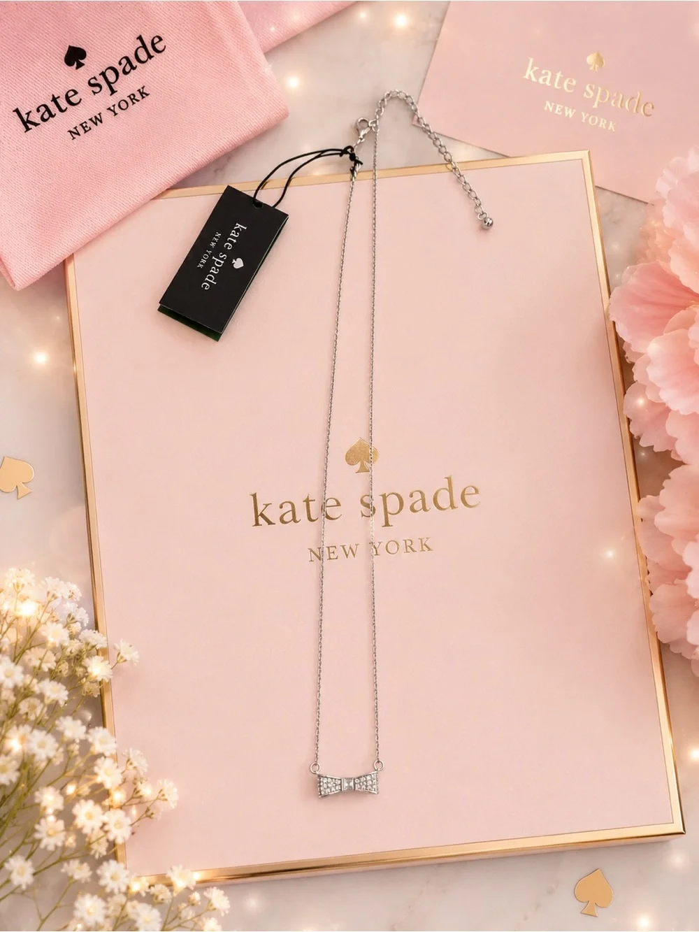 Kate Spade New York Crystal Bow Necklace | Antique Silver Tone